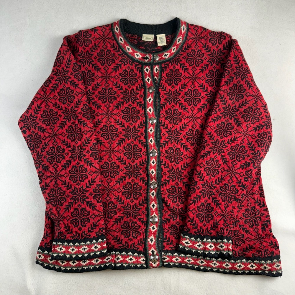 LL Bean Red Nordic Snowflake Merino Lambswool Cardigan Sweater XL 0UF39